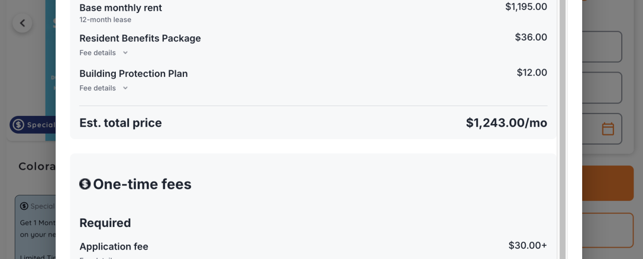 expanded cost and fees detail page